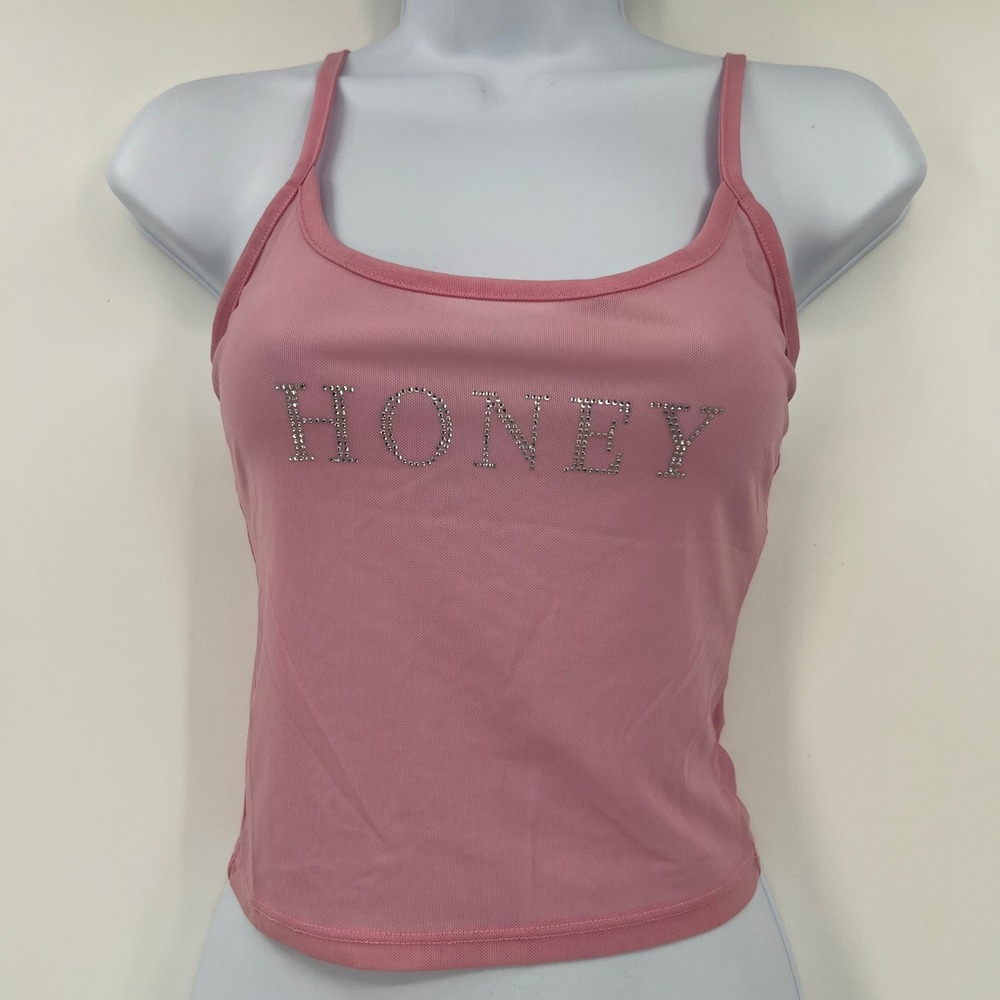 Forever 21 Pink Mesh Y2K Honey Rhinestone Cami Top Adjustable Straps Small